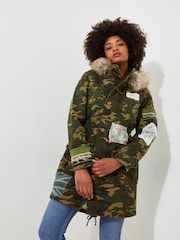 Joe Browns Green Boutique Embroidered Patch Camouflage Faux Fur Trim Hooded Parka - Image 1 of 8