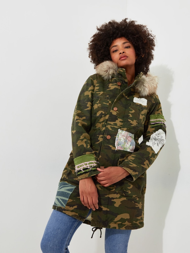 Joe Browns Green Boutique Embroidered Patch Camouflage Faux Fur Trim Hooded Parka - Image 1 of 8
