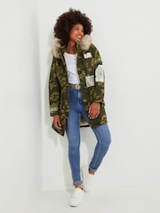 Joe Browns Green Boutique Embroidered Patch Camouflage Faux Fur Trim Hooded Parka - Image 2 of 8