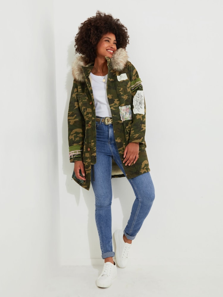 Joe Browns Green Boutique Embroidered Patch Camouflage Faux Fur Trim Hooded Parka - Image 2 of 8