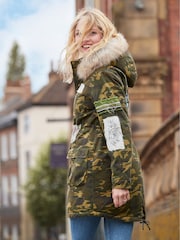Joe Browns Green Boutique Embroidered Patch Camouflage Faux Fur Trim Hooded Parka - Image 7 of 8
