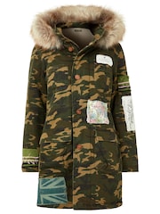 Joe Browns Green Boutique Embroidered Patch Camouflage Faux Fur Trim Hooded Parka - Image 8 of 8
