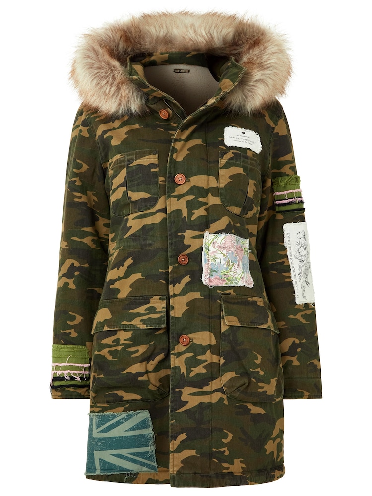 Joe Browns Green Boutique Embroidered Patch Camouflage Faux Fur Trim Hooded Parka - Image 8 of 8