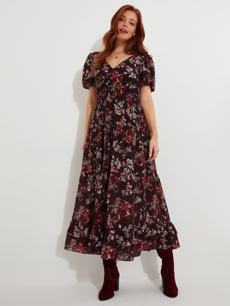 Joe Browns Purple Dark Floral Print Elasticated Waist Maxi Dress - Image 1 of 5