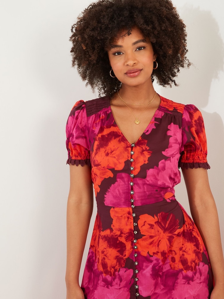 Joe Browns Midikleid mit V-Ausschnitt und Puffärmeln im Vintage-Blumendruck - Bild 3 von 3