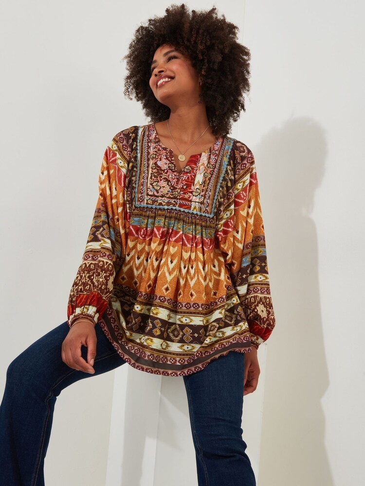 Joe Browns Orange Boho Beaded Balloon Sleeve Blouse - Image 3 of 6