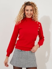 Joe Browns Red Slim Fit Lightweight Knit Button Detail Funnel Neck Jumper - Image 1 of 6