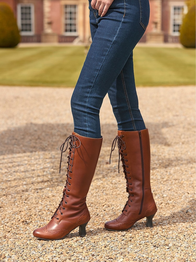 Joe Browns Brown Brogue Detail Leather Lace Up Long Knee High Boots - Image 1 of 5