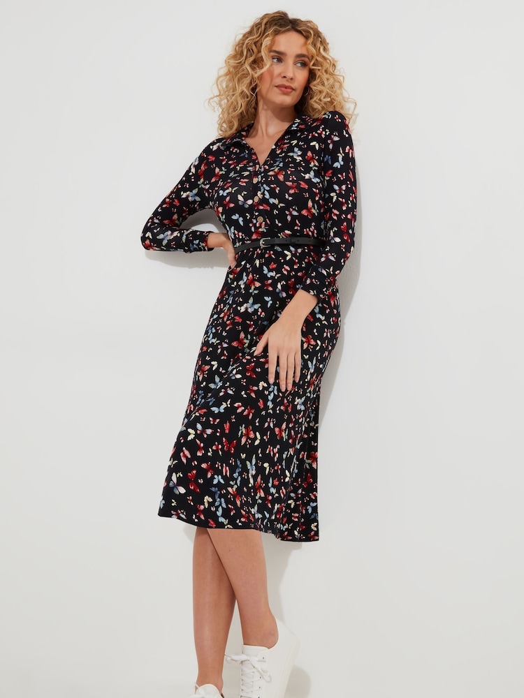 Joe Browns Blue Butterfly Print Belted Jersey Midi Shirt Dress - Image 1 of 5 Joe Browns Blue Butterfly Print Belted Jersey Midi Shirt Dress - Image 1 of 5