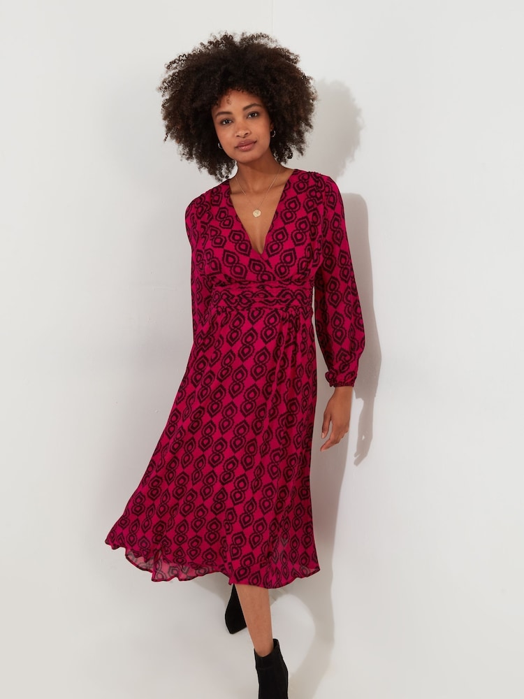 Joe Browns Pink Bold V-Neck Geometric Print Midi Dress - Image 1 of 6