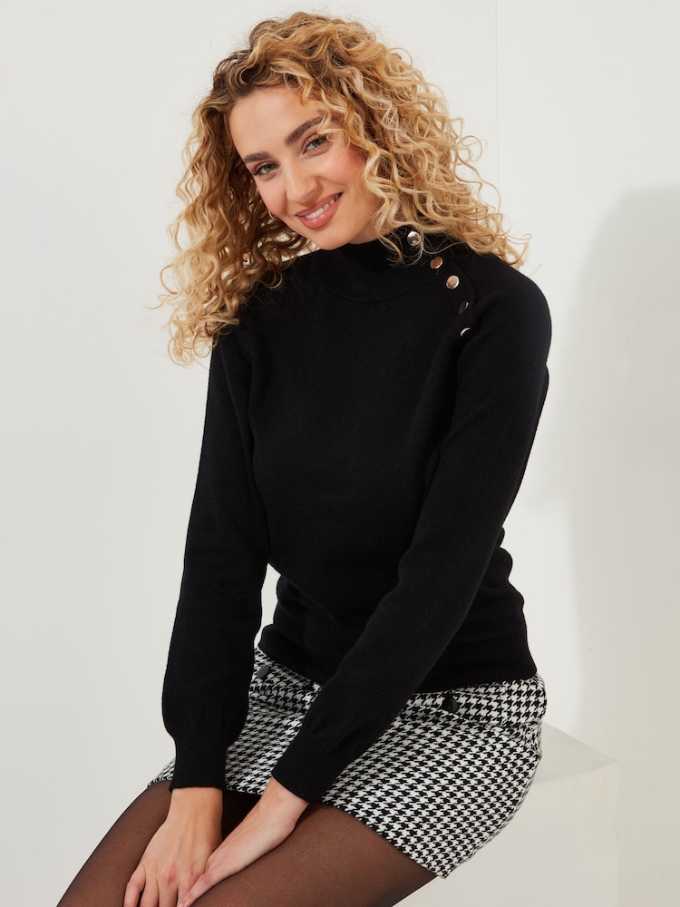 Joe Browns Black Slim Fit Lightweight Knit Button Detail Funnel Neck Jumper - Image 1 of 5