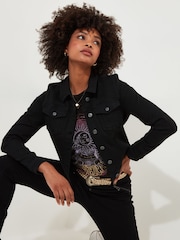 Joe Browns Black Boutique Embellished Wing Detail Distressed Stretch Denim Jacket - Image 1 of 7