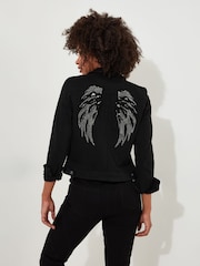 Joe Browns Black Boutique Embellished Wing Detail Distressed Stretch Denim Jacket - Image 2 of 7