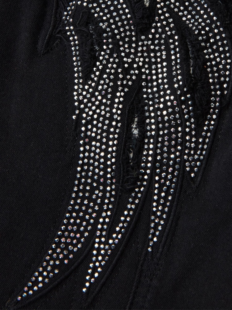 Joe Browns Black Boutique Embellished Wing Detail Distressed Stretch Denim Jacket - Image 7 of 7