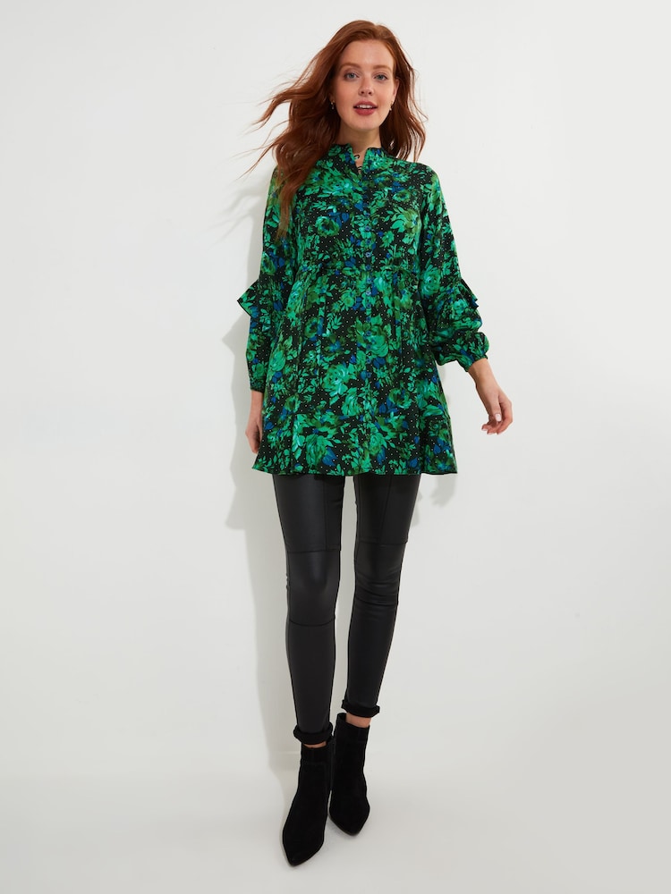 Joe Browns Green Cobalt Floral Frilly Mini Tunic Dress - Image 1 of 6