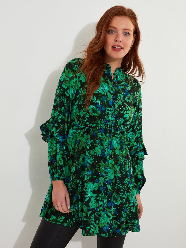 Joe Browns Green Cobalt Floral Frilly Mini Tunic Dress - Image 2 of 6