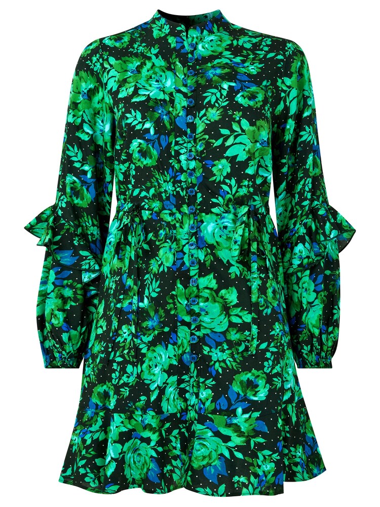 Joe Browns Green Cobalt Floral Frilly Mini Tunic Dress - Image 6 of 6