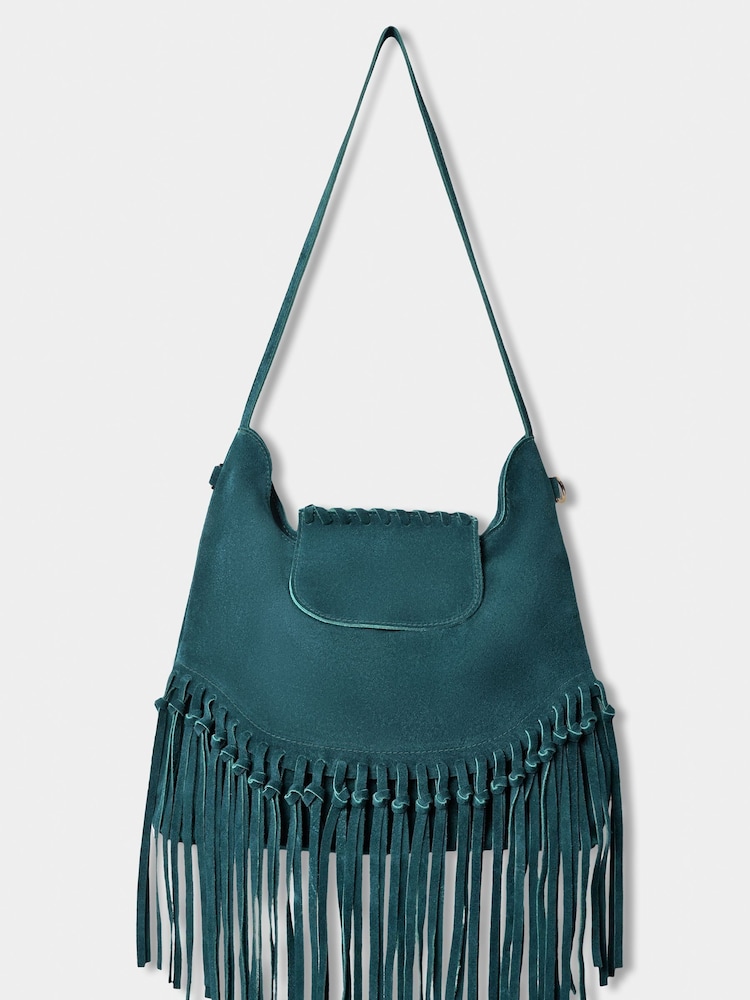 Joe Browns Green Boho Tassel Trim Winter Premium Suede Shoulder Bag - Image 1 of 3