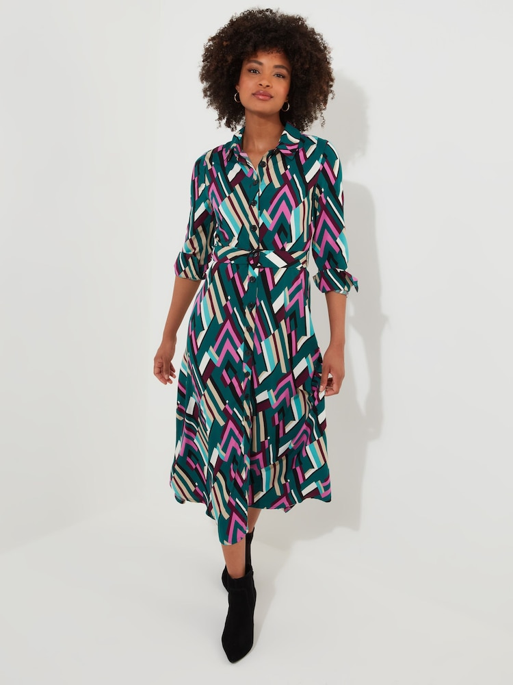 Joe Browns Green Statement Geometric Button-Through Belted Midi Shirt Dress - Image 2 of 7