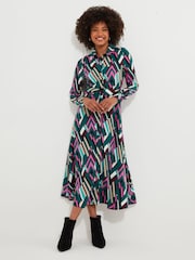 Joe Browns Green Statement Geometric Button-Through Belted Midi Shirt Dress - Image 3 of 7