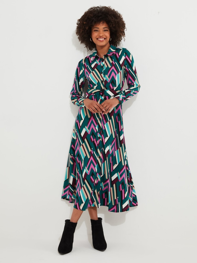 Joe Browns Green Statement Geometric Button-Through Belted Midi Shirt Dress - Image 3 of 7