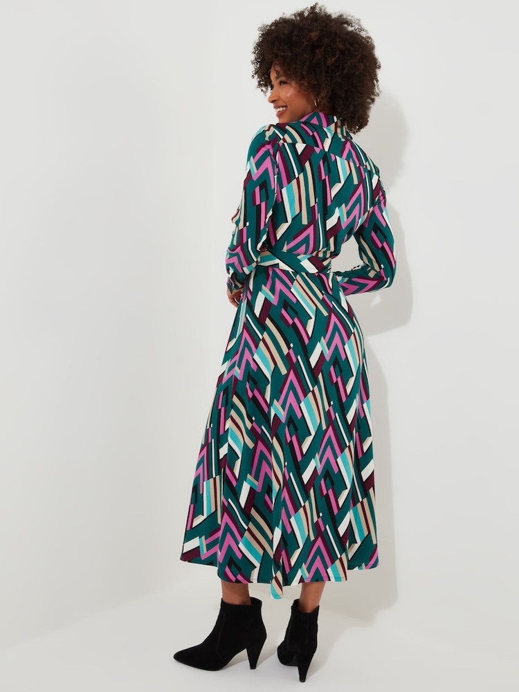 Joe Browns Green Statement Geometric Button-Through Belted Midi Shirt Dress - Image 4 of 7