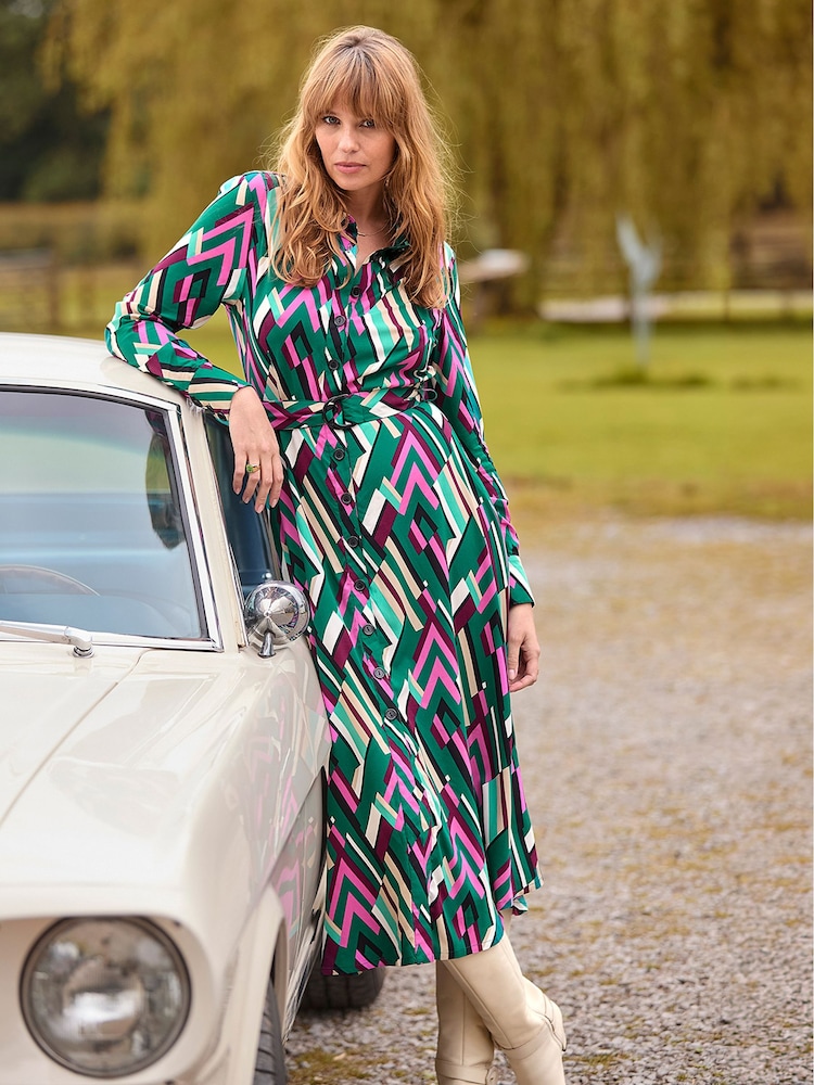 Joe Browns Green Statement Geometric Button-Through Belted Midi Shirt Dress - Image 6 of 7