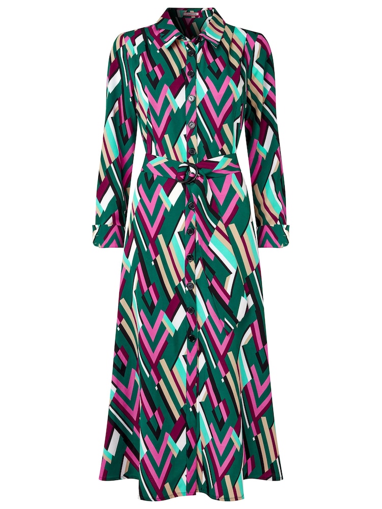 Joe Browns Green Statement Geometric Button-Through Belted Midi Shirt Dress - Image 7 of 7