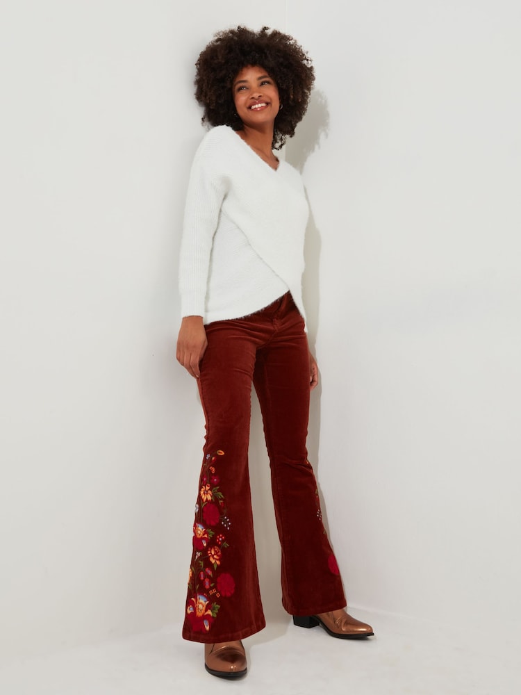 Joe Browns Orange Floral Embroidered Kick Flare Stretch Cord Trousers - Image 2 of 7 Joe Browns Orange Floral Embroidered Kick Flare Stretch Cord Trousers - Image 2 of 7