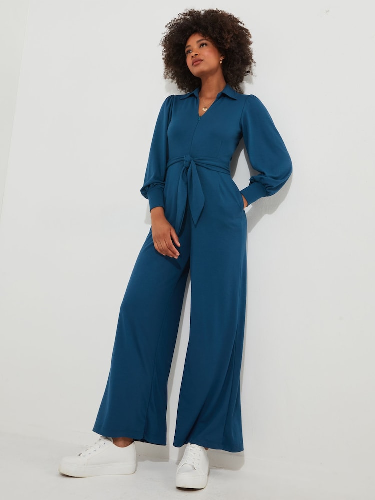 Joe Browns Blue Collared Zip Front Straight Leg Jersey Jumpsuit - Image 1 of 5