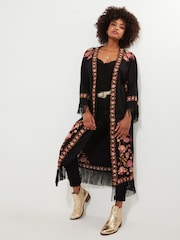Joe Browns Black Floral Embroidered Longline Fringed Kimono - Image 1 of 5