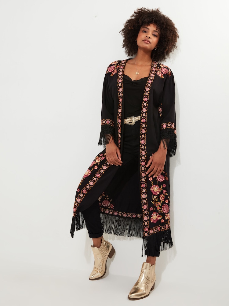 Joe Browns Black Floral Embroidered Longline Fringed Kimono - Image 1 of 5