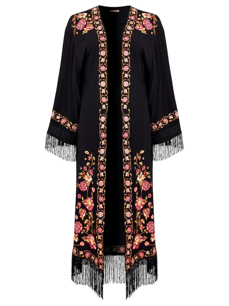Joe Browns Black Floral Embroidered Longline Fringed Kimono - Image 5 of 5