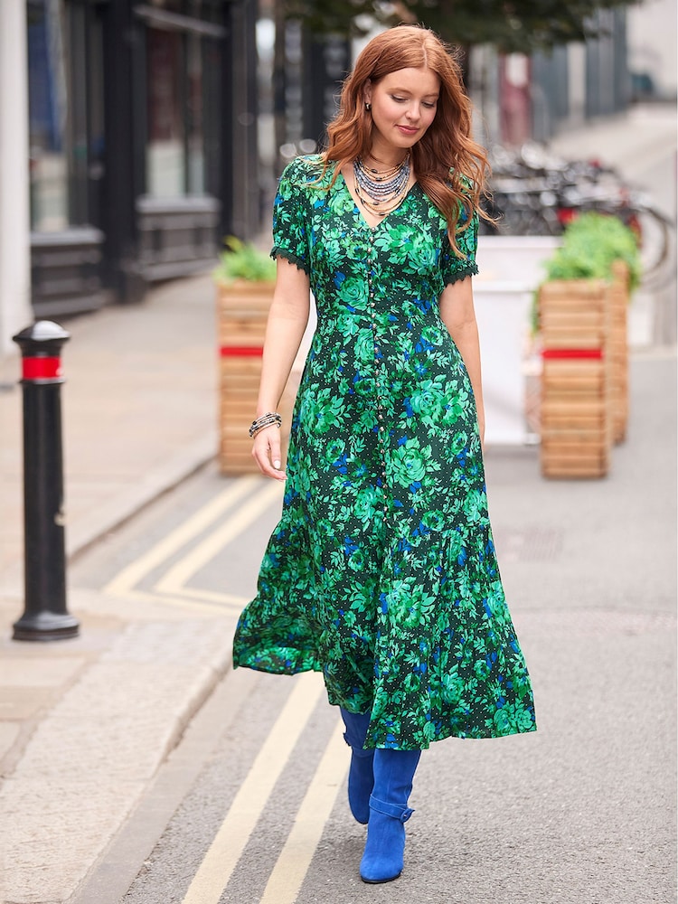 Joe Browns Green Cobalt Floral Print Layered Ruffle Maxi Dress - Image 2 of 8