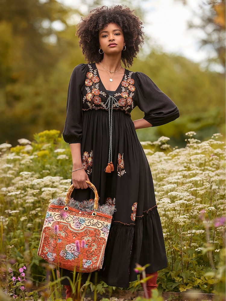 Joe Browns Black Floral Embroidered Tassel Tie Boho Maxi Dress - Image 1 of 6