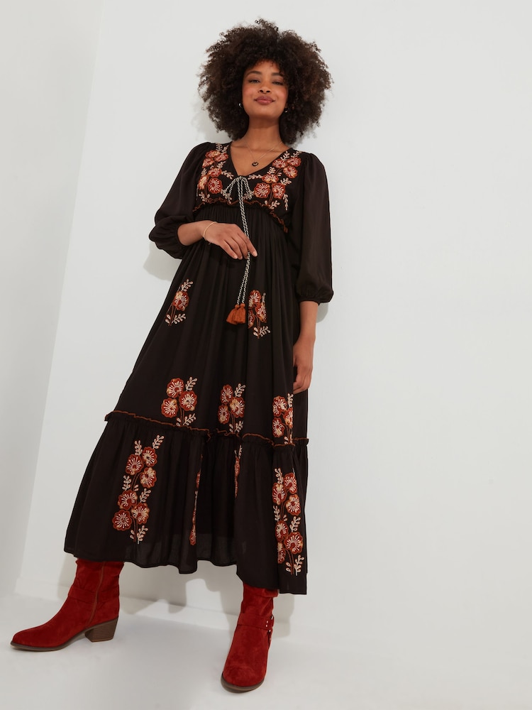 Joe Browns Black Floral Embroidered Tassel Tie Boho Maxi Dress - Image 2 of 6