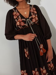 Joe Browns Black Floral Embroidered Tassel Tie Boho Maxi Dress - Image 3 of 6