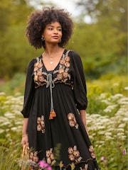 Joe Browns Black Floral Embroidered Tassel Tie Boho Maxi Dress - Image 5 of 6