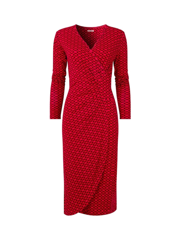 Joe Browns Red Retro Geometric Print Flattering Ruched Jersey Dress - Image 7 of 7