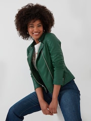 Joe Browns Green Quilted Sleeve Grandad Collar Leather Biker Jacket - Image 1 of 7