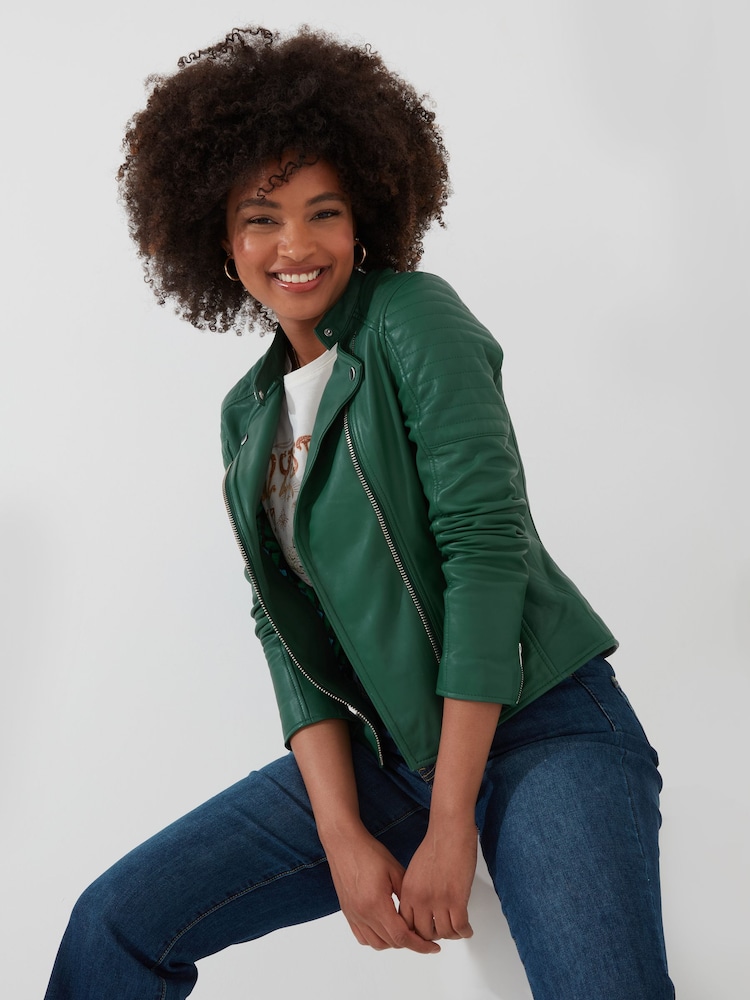 Joe Browns Green Quilted Sleeve Grandad Collar Leather Biker Jacket - Image 1 of 7