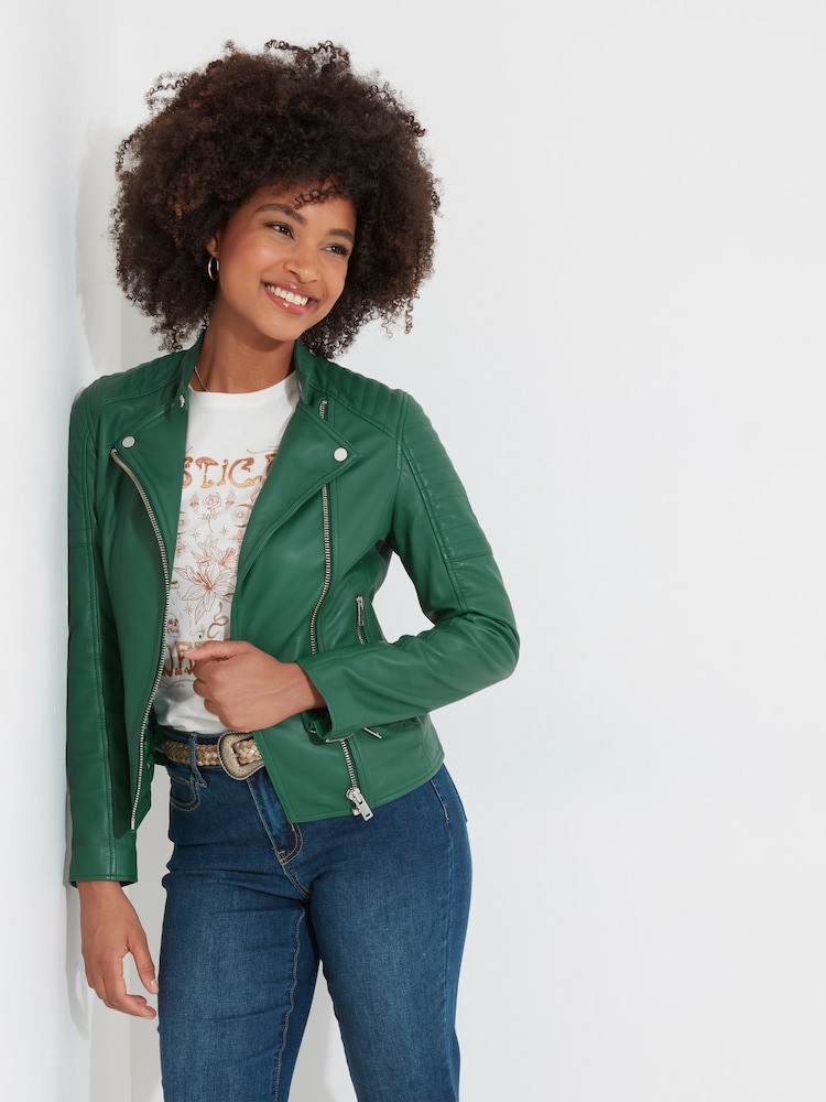 Joe Browns Green Quilted Sleeve Grandad Collar Leather Biker Jacket - Image 2 of 7