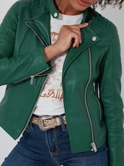 Joe Browns Green Quilted Sleeve Grandad Collar Leather Biker Jacket - Image 3 of 7