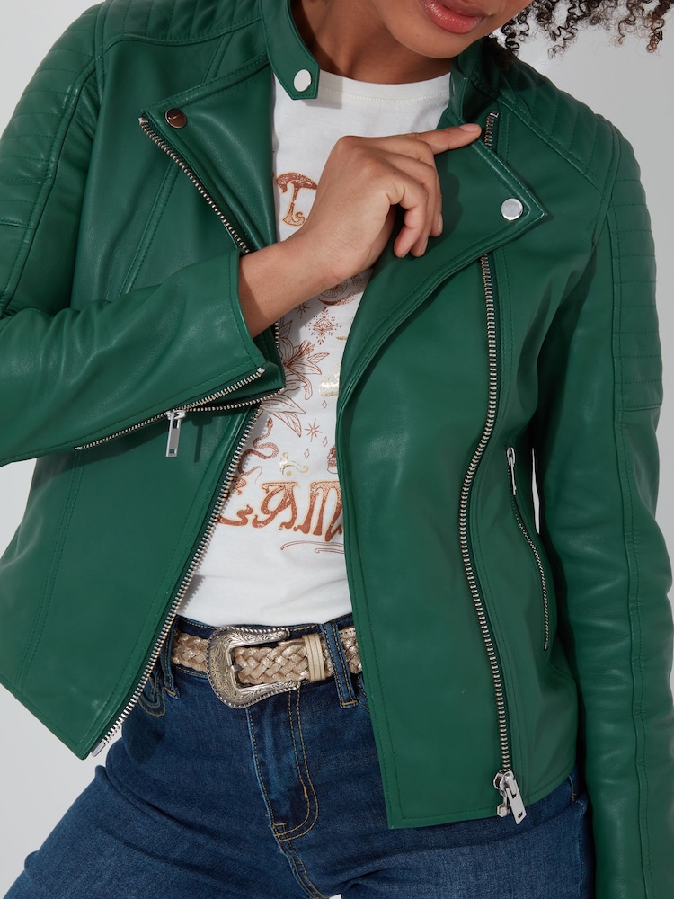 Joe Browns Green Quilted Sleeve Grandad Collar Leather Biker Jacket - Image 3 of 7