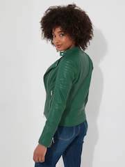 Joe Browns Green Quilted Sleeve Grandad Collar Leather Biker Jacket - Image 4 of 7