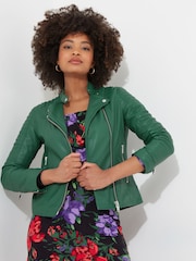 Joe Browns Green Quilted Sleeve Grandad Collar Leather Biker Jacket - Image 5 of 7