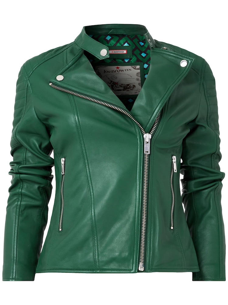 Joe Browns Green Quilted Sleeve Grandad Collar Leather Biker Jacket - Image 6 of 7
