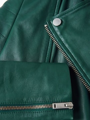Joe Browns Green Quilted Sleeve Grandad Collar Leather Biker Jacket - Image 7 of 7