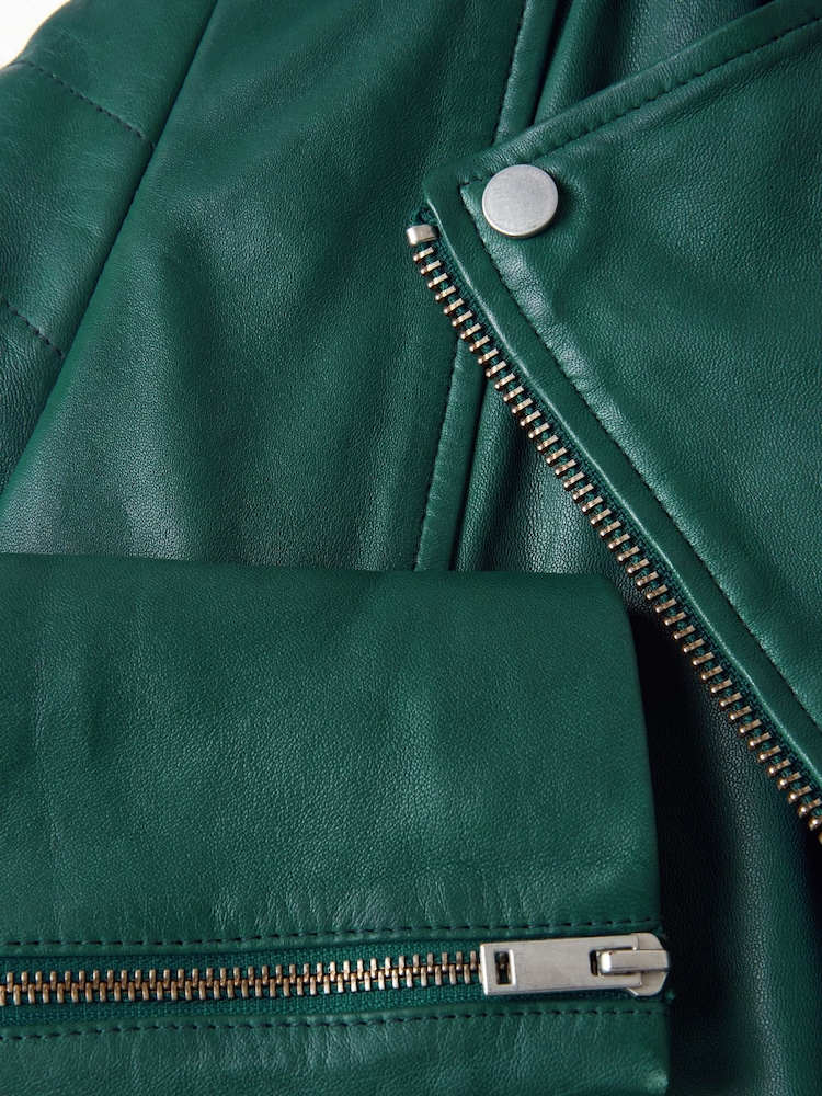 Joe Browns Green Quilted Sleeve Grandad Collar Leather Biker Jacket - Image 7 of 7 Joe Browns Green Quilted Sleeve Grandad Collar Leather Biker Jacket - Image 7 of 7