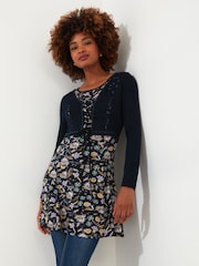 Joe Browns Blue Floral Mock Cardigan Layered Jersey Tunic Top - Image 1 of 6